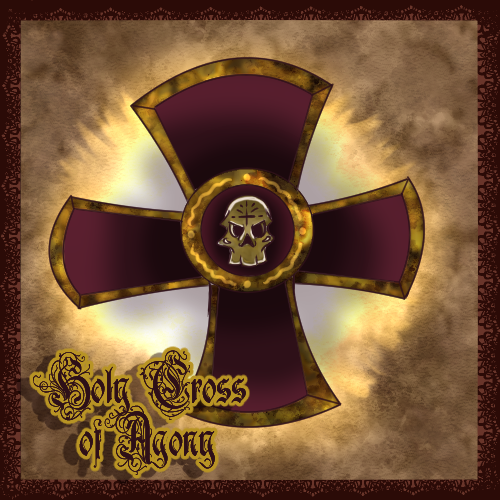 An image of a sober golden cross with a skull in the center, the Holy Cross of Agony. It is meant to look reminiscent of Warhammer Fantasy's Imperial emblem.